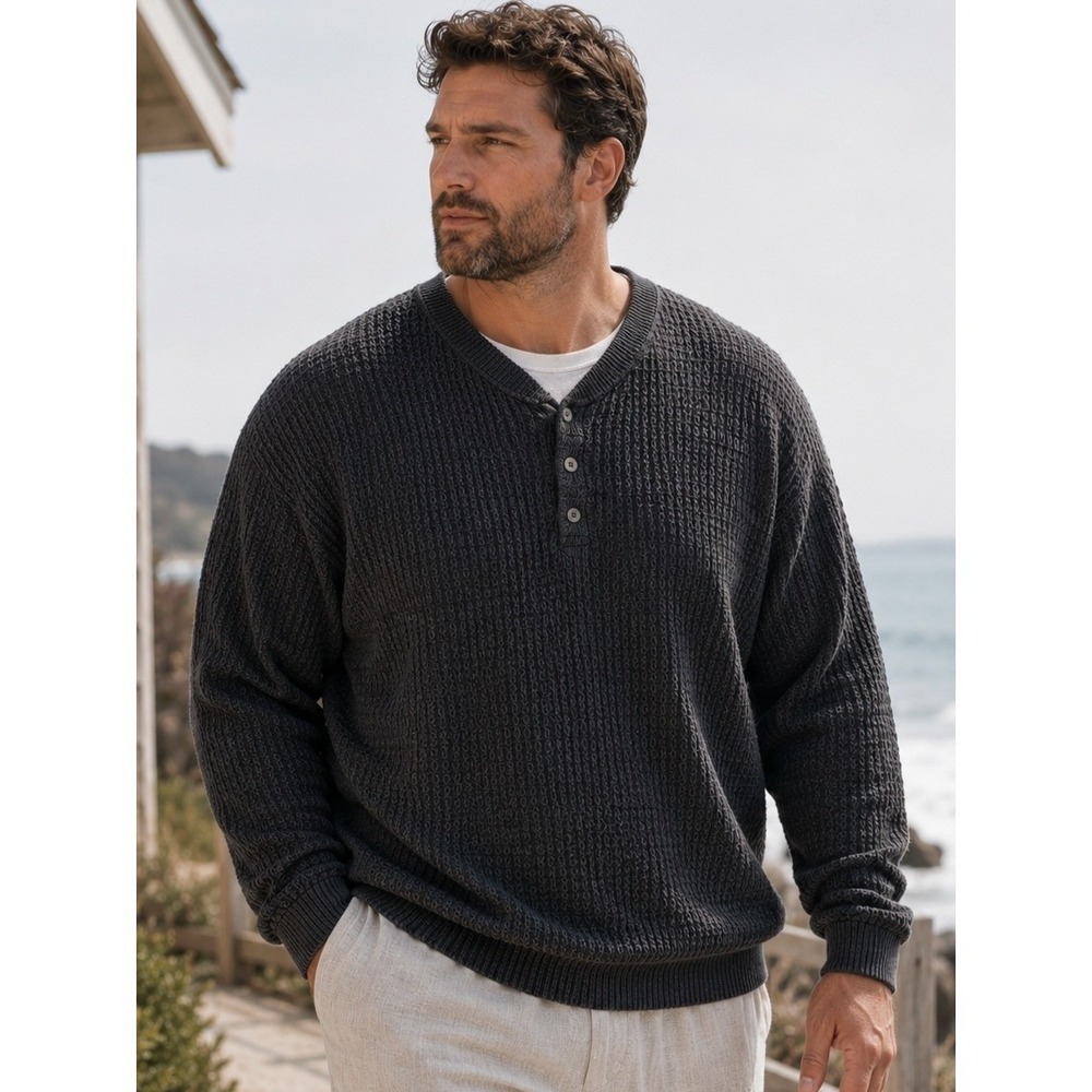 VTG Bill Blass Chunky Waffle Knit Henley Sweater Men 2X Gray Dad Grandpacore 90s